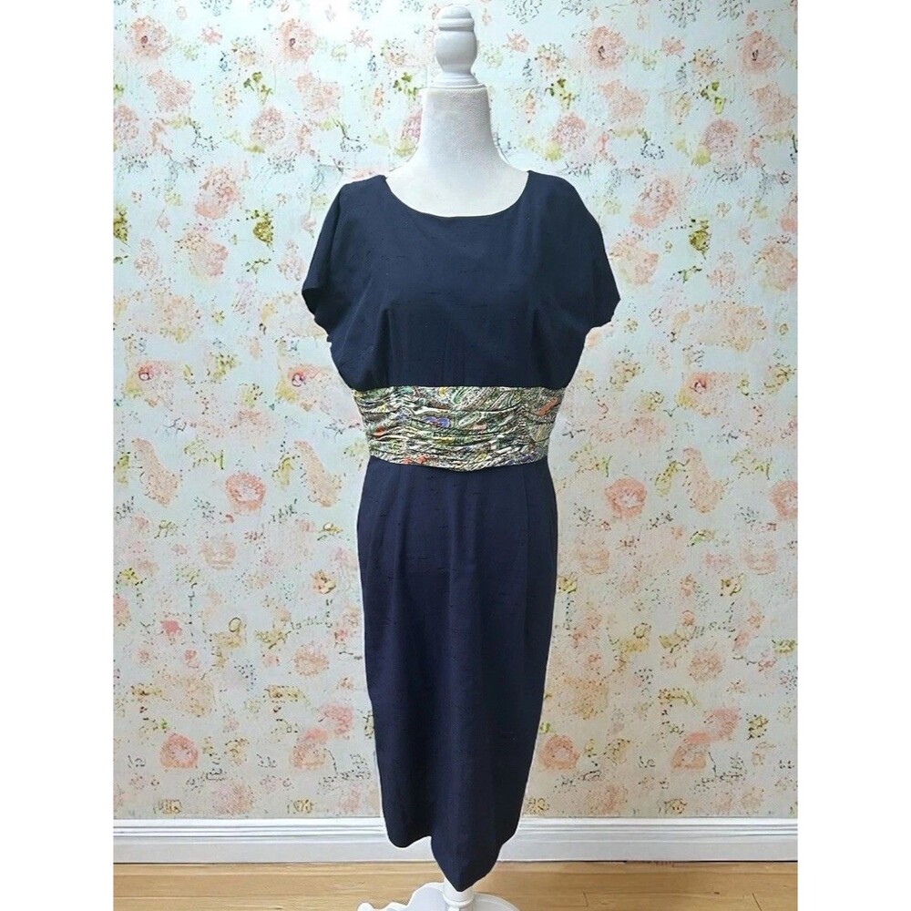 Vintage 1950s Silk Dress | Shantung Navy Sheath Slub | Wiggle Dress MCM | Size 3